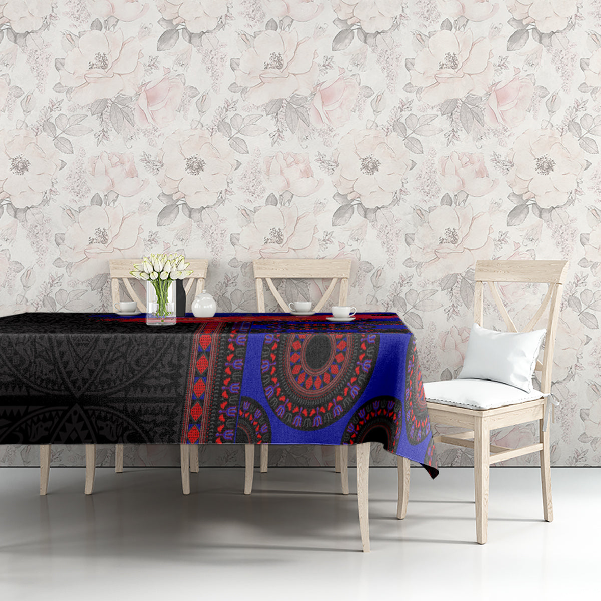 Rectangular tablecloth featuring black, blue, and red ornate seamless motif pattern
