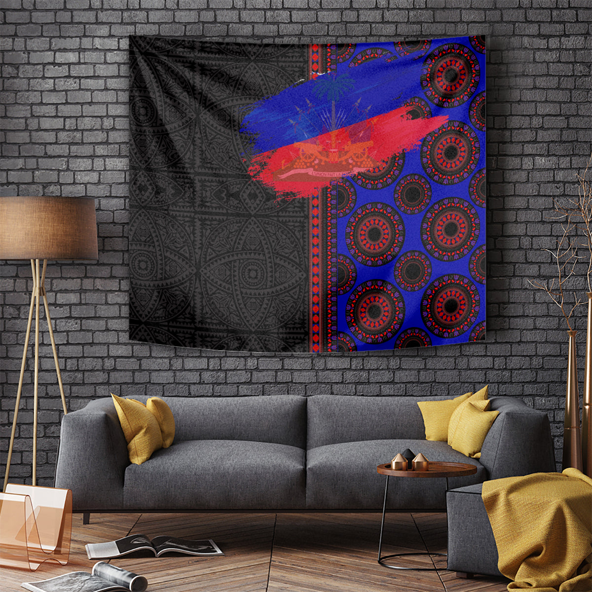 African wall tapestry featuring black ornamental print with blue/red band and red ring details