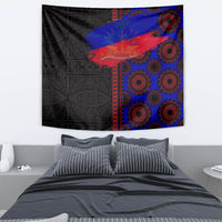 African wall tapestry with black ornamental left side, blue/red stripe, and red circle accents
