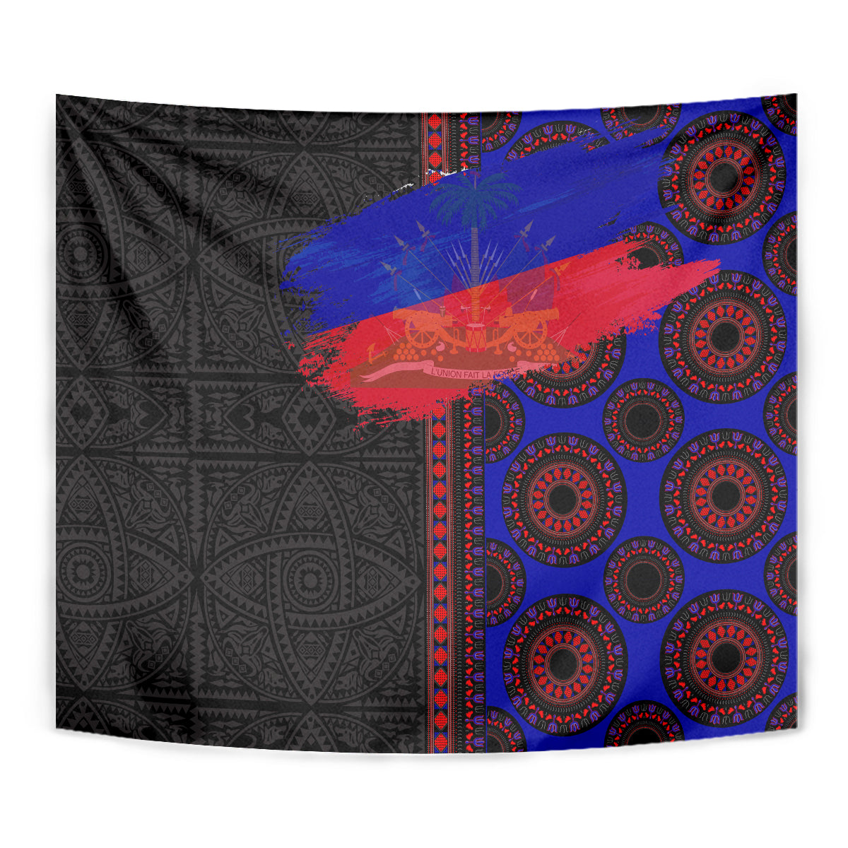 African seamless tapestry corner view: black pattern, blue/red band, and red ring motifs