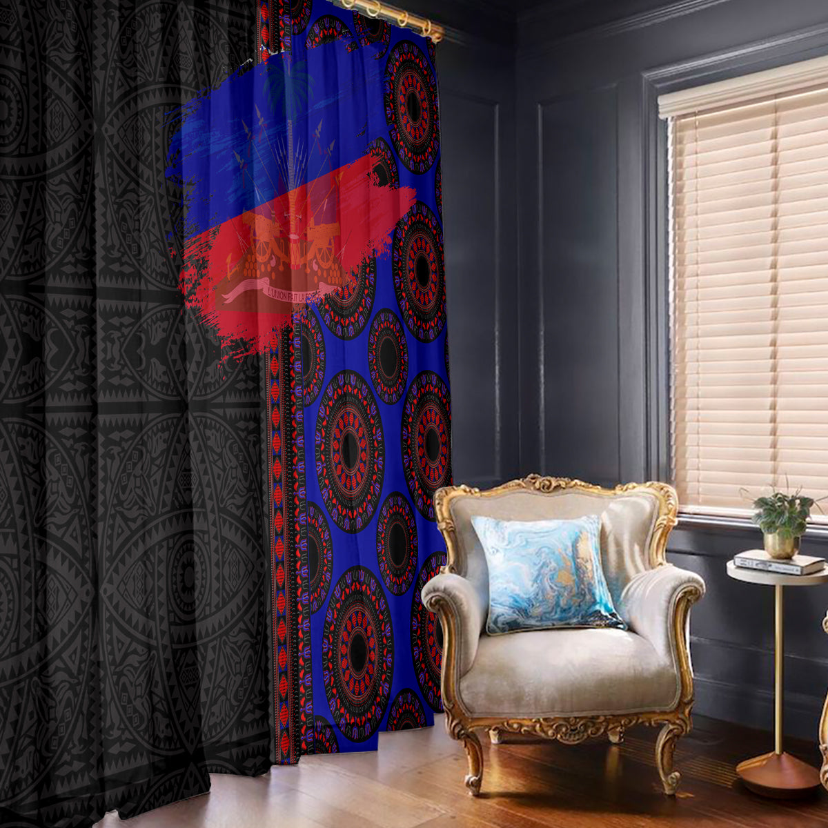 Haiti flag day style window curtain with black patterned panel and blue/red medallion design