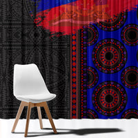 Haiti flag day style curtain panel with blue background, red band, and circular medallion motifs