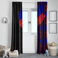 Haiti flag day style curtain pair for windows, black geometric panel and blue/red medallion panel