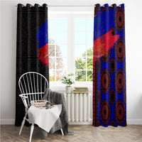 Haiti flag day style curtain set with black patterned panel and blue/red medallion panel