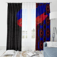 Haiti flag day style curtain panels with black patterned fabric and blue/red medallion motifs
