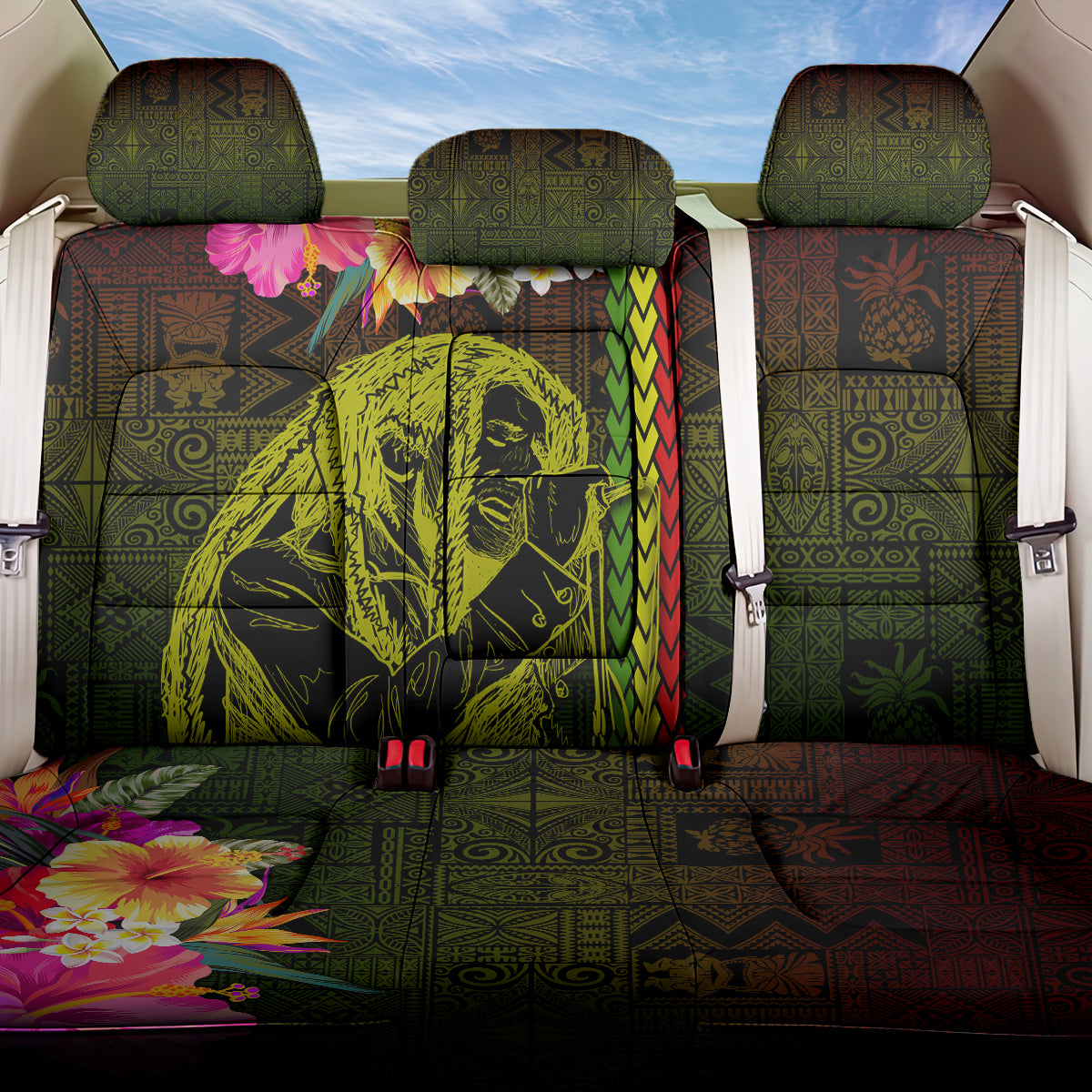 Hawaiian Reggae Music Back Car Seat Cover Jamaica Singer Tribal Polynesian and Hibiscus - Wonder Print Shop