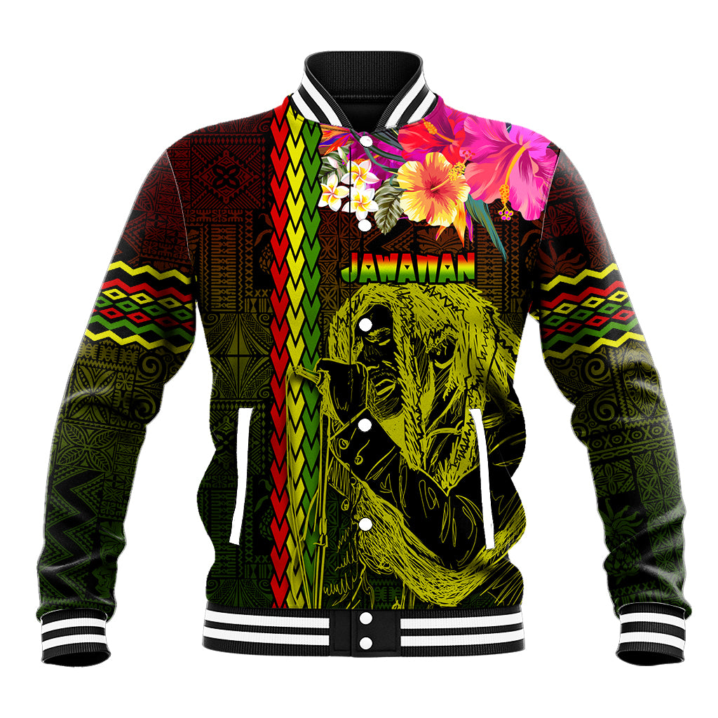 Black Hawaiian-style baseball jacket with multicolor tribal graphics, striped ribbed collar.