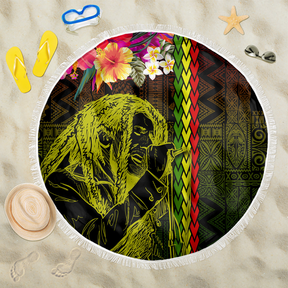Round beach blanket with lime portrait, tribal patterns, hibiscus flowers, white fringe