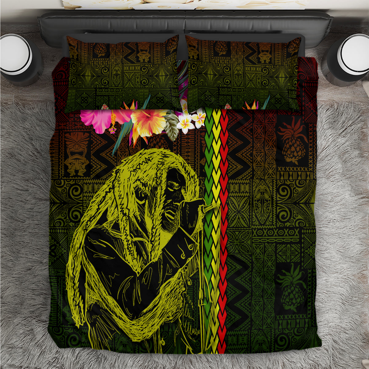Green duvet cover with black-and-yellow portrait, floral accents, and tribal pattern pillows
