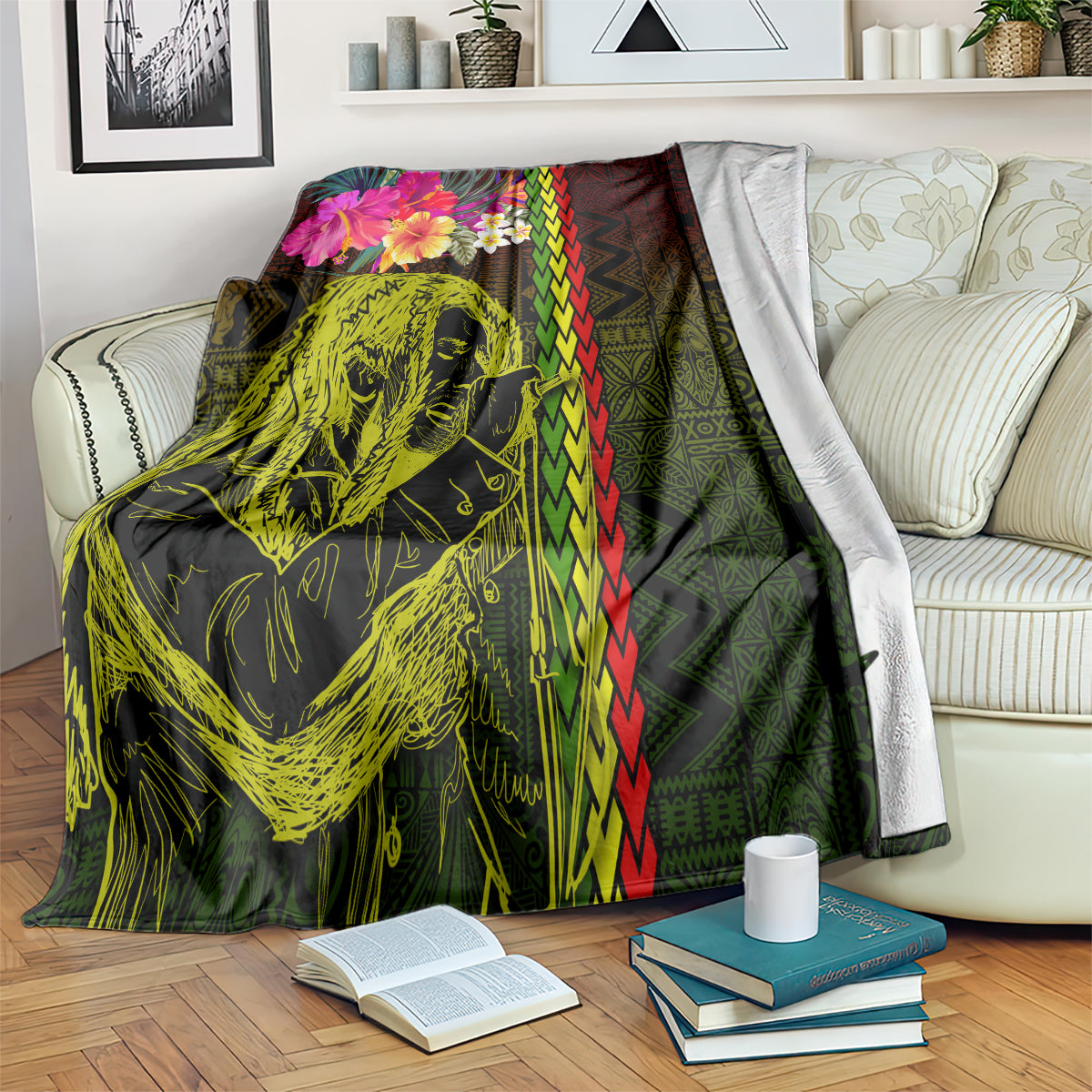 Black Hawaiian reggae blanket with neon green portrait, floral and tribal stripe design