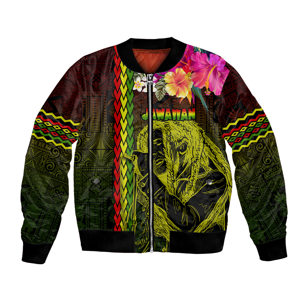 Black unisex bomber jacket with zip front, neon tribal and lion portrait graphic