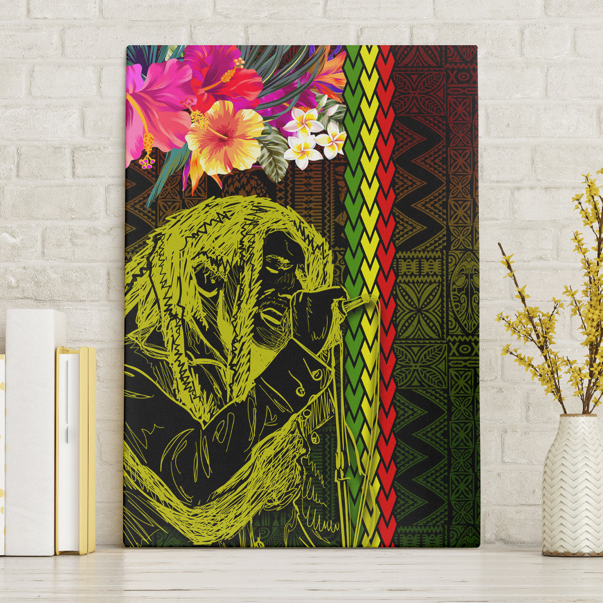 Hawaiian Reggae Music Canvas Wall Art Jamaica Singer Tribal Polynesian and Hibiscus - Wonder Print Shop