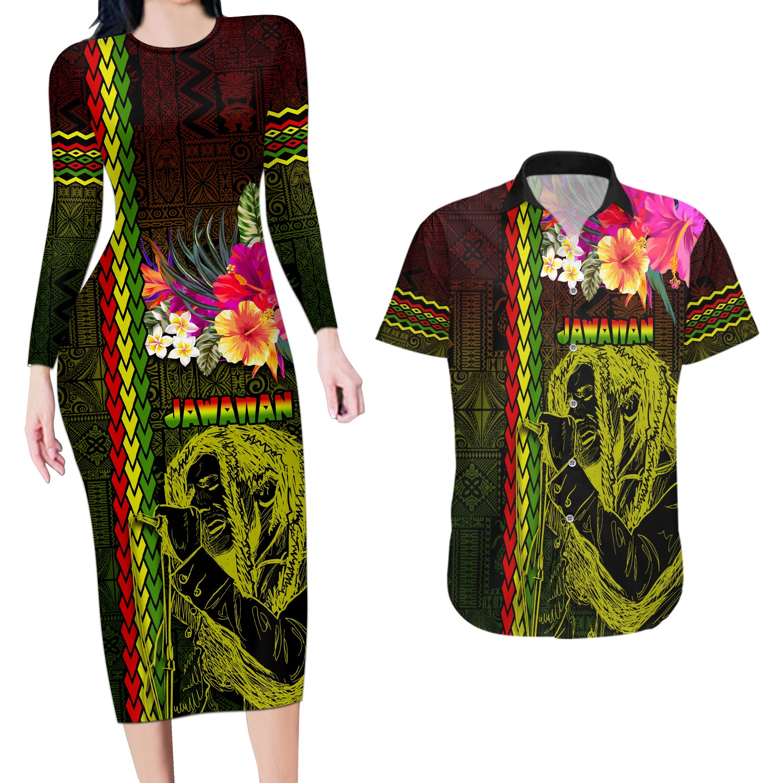 Hawaiian Reggae Music Couples Matching Long Sleeve Bodycon Dress and Hawaiian Shirt Jamaica Singer Tribal Polynesian and Hibiscus - Wonder Print Shop