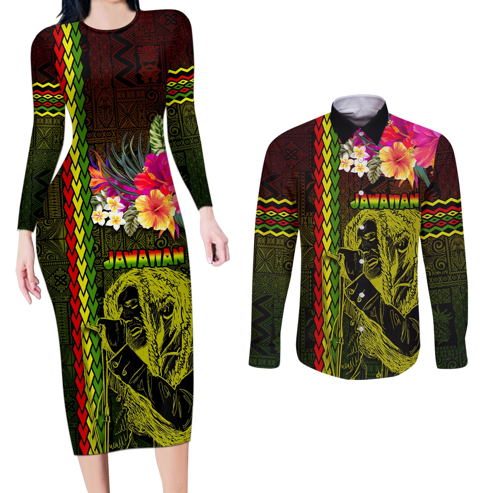 Hawaiian Reggae Music Couples Matching Long Sleeve Bodycon Dress and Long Sleeve Button Shirt Jamaica Singer Tribal Polynesian and Hibiscus - Wonder Print Shop