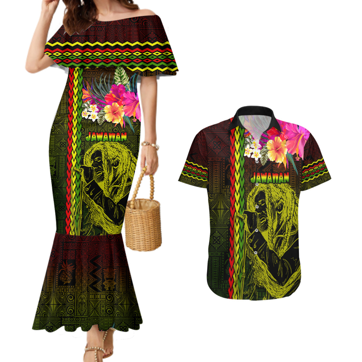 Hawaiian Reggae Music Couples Matching Mermaid Dress and Hawaiian Shirt Jamaica Singer Tribal Polynesian and Hibiscus - Wonder Print Shop