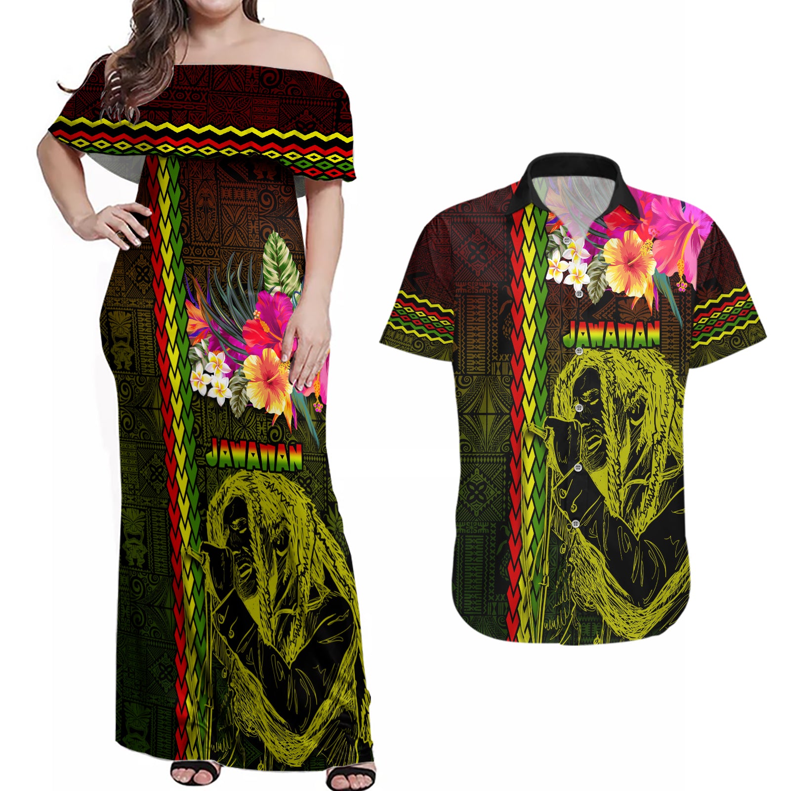 Hawaiian Reggae Music Couples Matching Off Shoulder Maxi Dress and Hawaiian Shirt Jamaica Singer Tribal Polynesian and Hibiscus - Wonder Print Shop