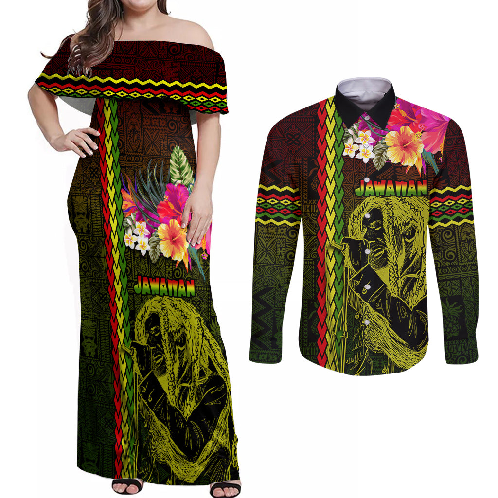 Hawaiian Reggae Music Couples Matching Off Shoulder Maxi Dress and Long Sleeve Button Shirt Jamaica Singer Tribal Polynesian and Hibiscus - Wonder Print Shop