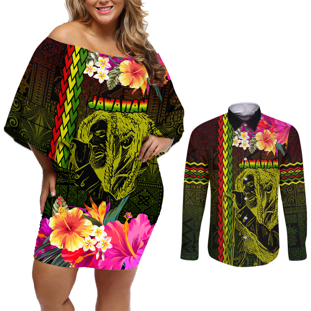 Hawaiian Reggae Music Couples Matching Off Shoulder Short Dress and Long Sleeve Button Shirt Jamaica Singer Tribal Polynesian and Hibiscus - Wonder Print Shop