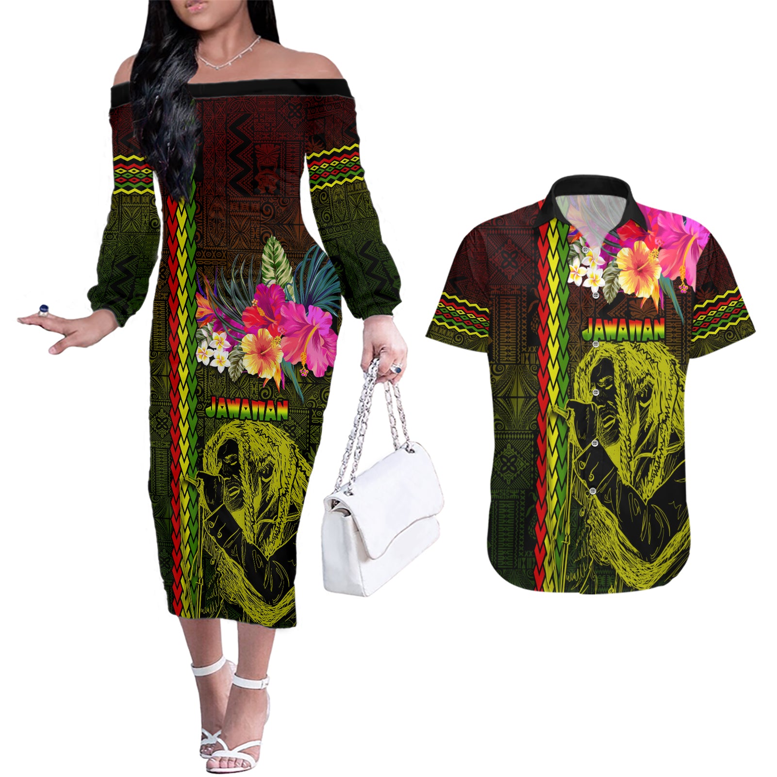 Hawaiian Reggae Music Couples Matching Off The Shoulder Long Sleeve Dress and Hawaiian Shirt Jamaica Singer Tribal Polynesian and Hibiscus - Wonder Print Shop