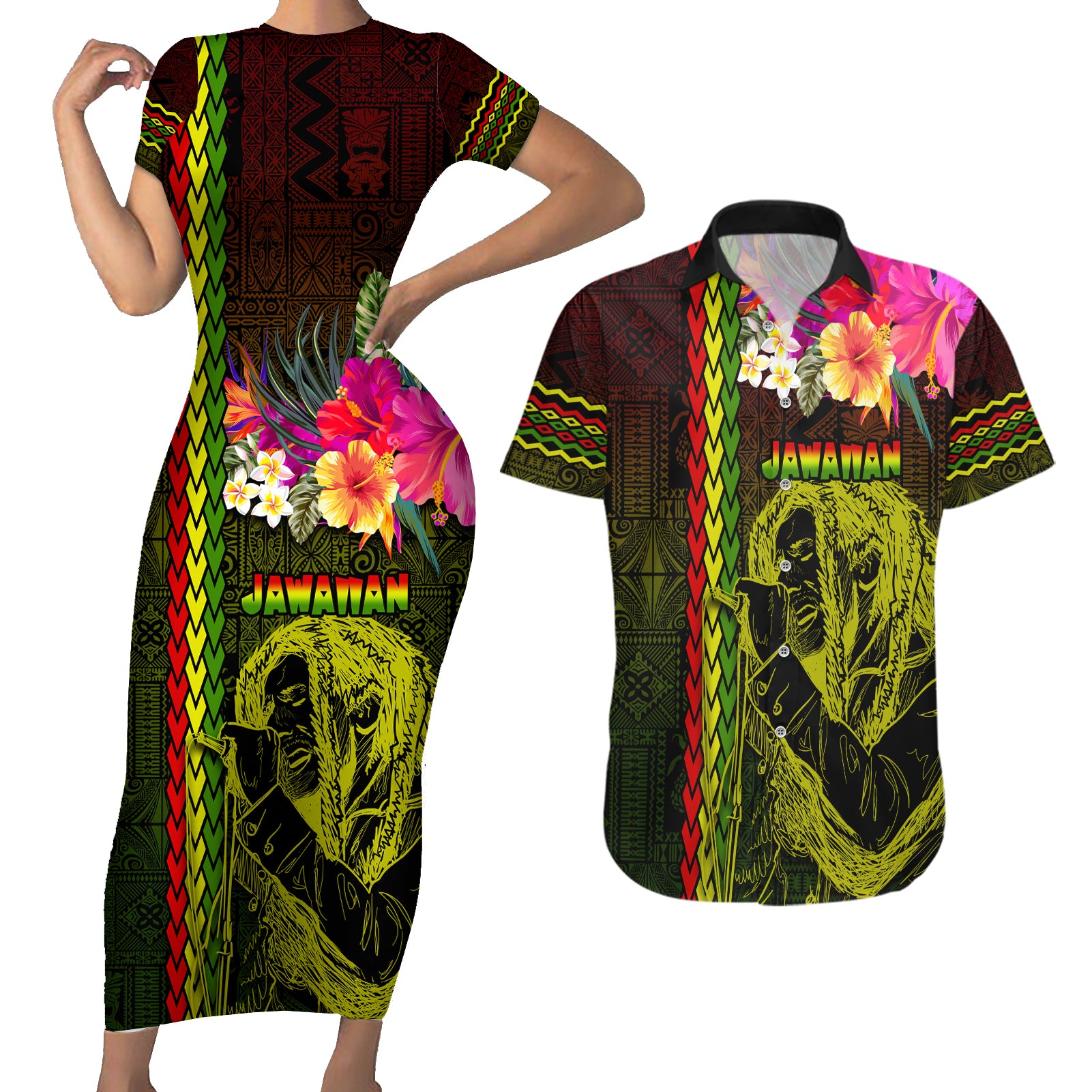 Hawaiian Reggae Music Couples Matching Short Sleeve Bodycon Dress and Hawaiian Shirt Jamaica Singer Tribal Polynesian and Hibiscus - Wonder Print Shop