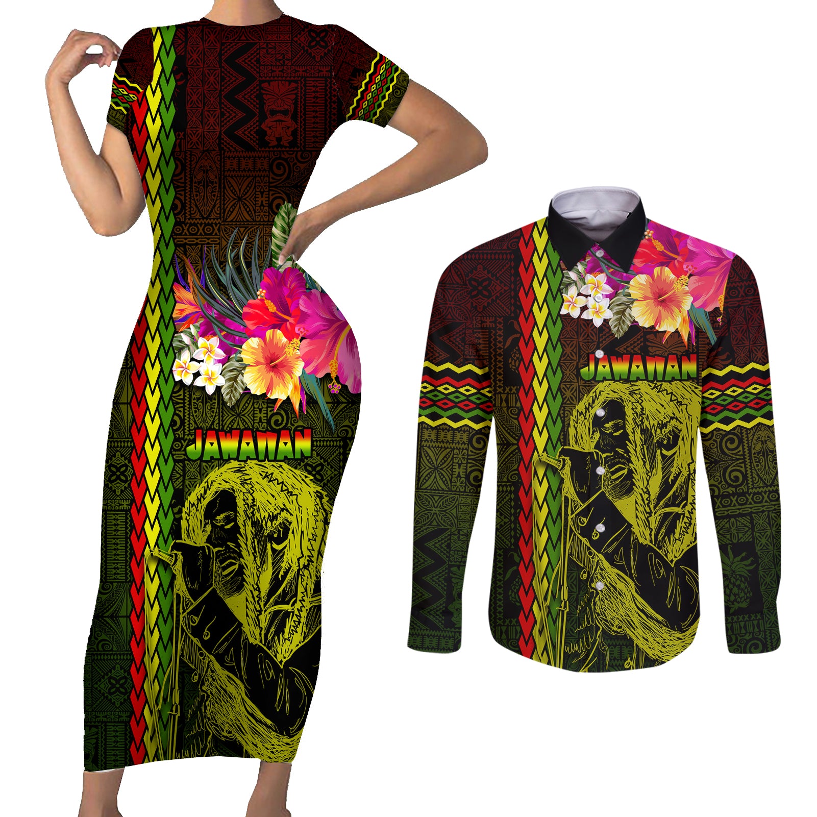 Hawaiian Reggae Music Couples Matching Short Sleeve Bodycon Dress and Long Sleeve Button Shirt Jamaica Singer Tribal Polynesian and Hibiscus - Wonder Print Shop