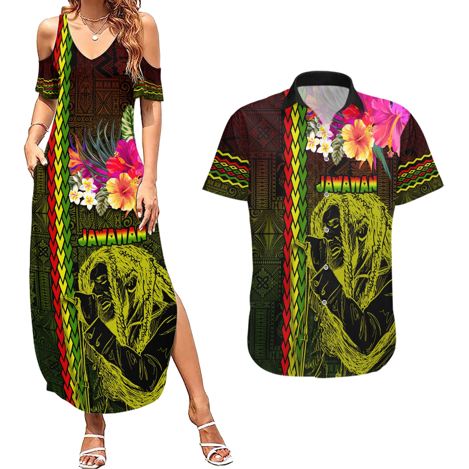 Hawaiian Reggae Music Couples Matching Summer Maxi Dress and Hawaiian Shirt Jamaica Singer Tribal Polynesian and Hibiscus - Wonder Print Shop