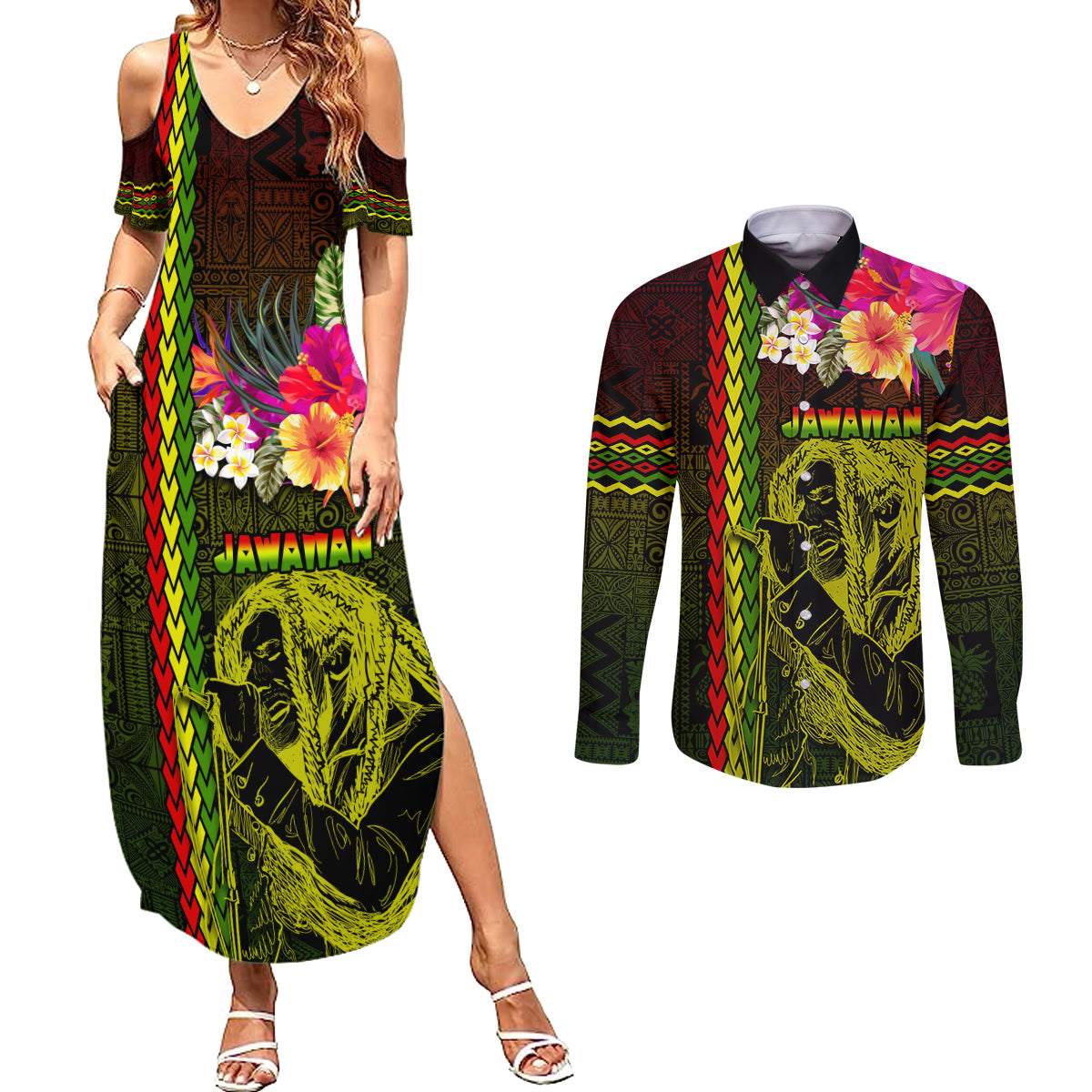 Hawaiian Reggae Music Couples Matching Summer Maxi Dress and Long Sleeve Button Shirt Jamaica Singer Tribal Polynesian and Hibiscus - Wonder Print Shop