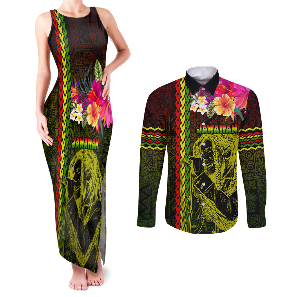 Hawaiian Reggae Music Couples Matching Tank Maxi Dress and Long Sleeve Button Shirt Jamaica Singer Tribal Polynesian and Hibiscus - Wonder Print Shop