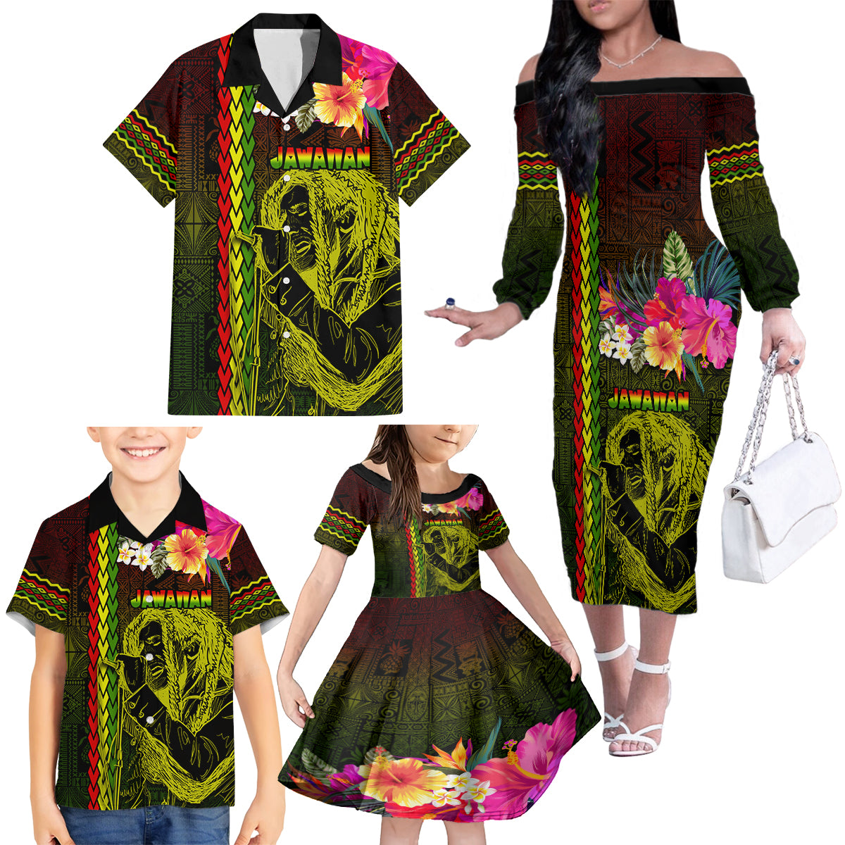 Hawaiian Reggae Music Family Matching Off The Shoulder Long Sleeve Dress and Hawaiian Shirt Jamaica Singer Tribal Polynesian and Hibiscus - Wonder Print Shop