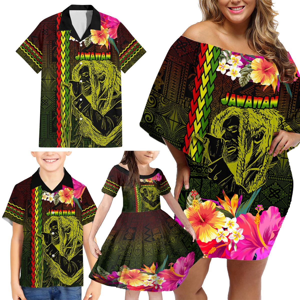 Hawaiian Reggae Music Family Matching Off Shoulder Short Dress and Hawaiian Shirt Jamaica Singer Tribal Polynesian and Hibiscus