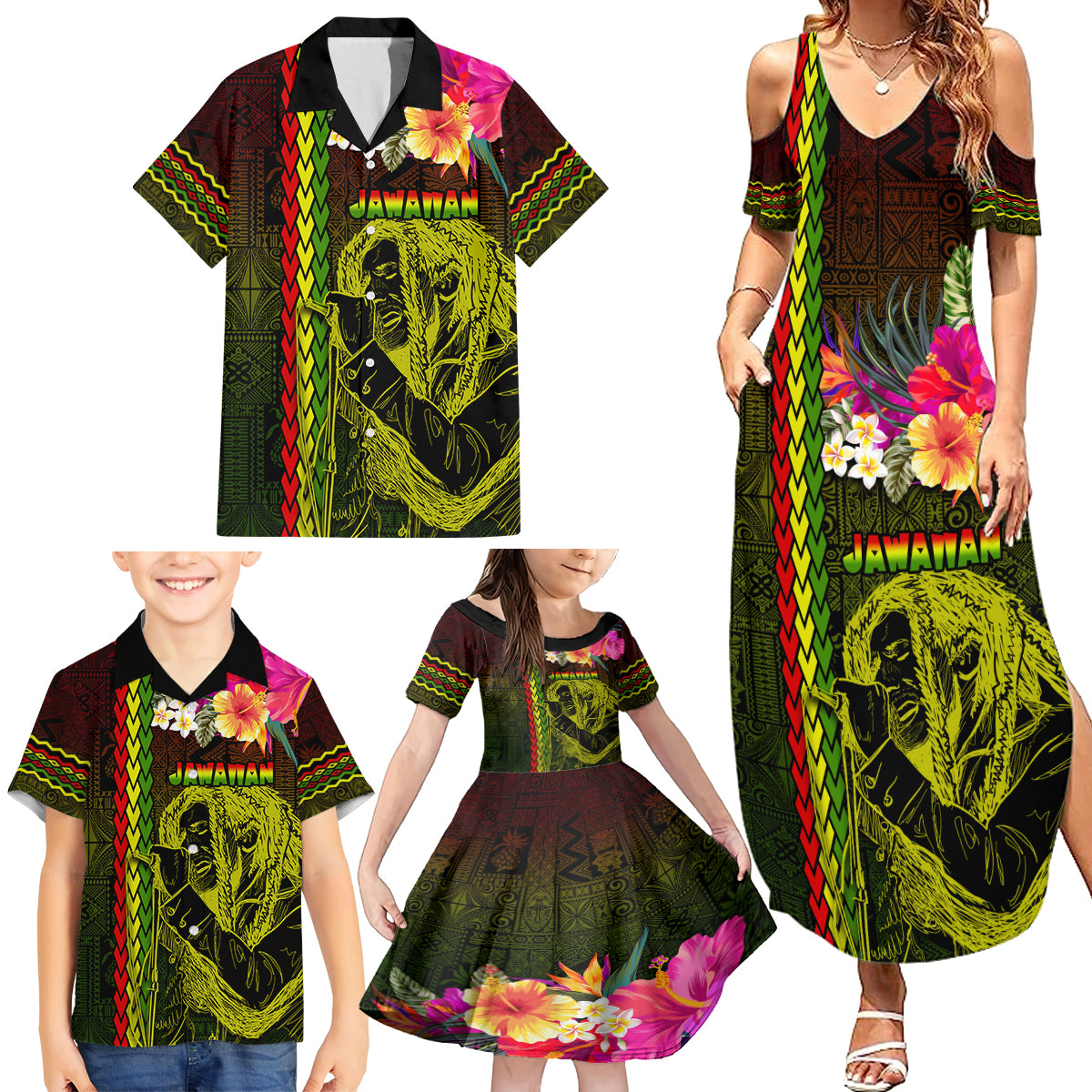 Hawaiian Reggae Music Family Matching Summer Maxi Dress and Hawaiian Shirt Jamaica Singer Tribal Polynesian and Hibiscus - Wonder Print Shop