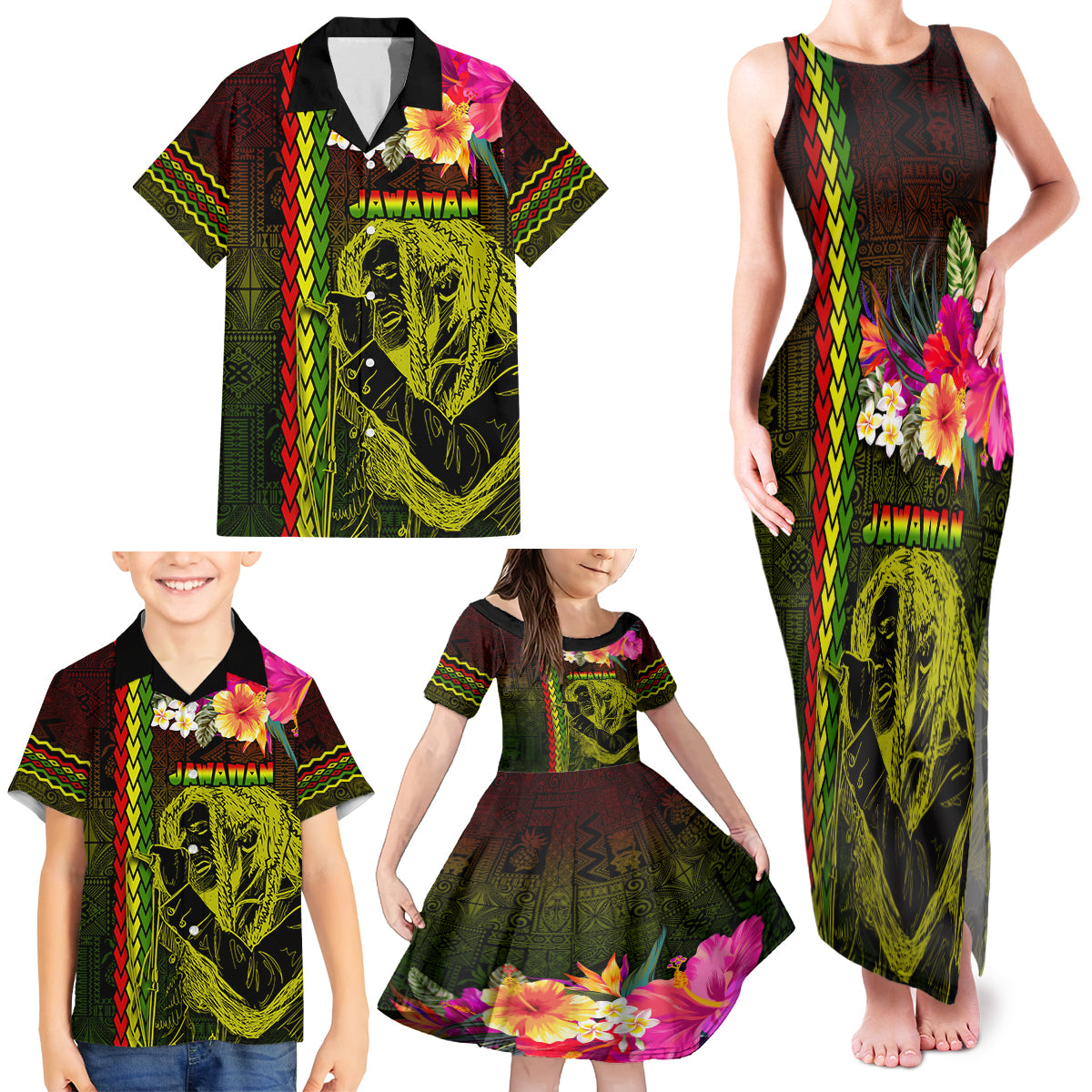 Hawaiian Reggae Music Family Matching Tank Maxi Dress and Hawaiian Shirt Jamaica Singer Tribal Polynesian and Hibiscus - Wonder Print Shop