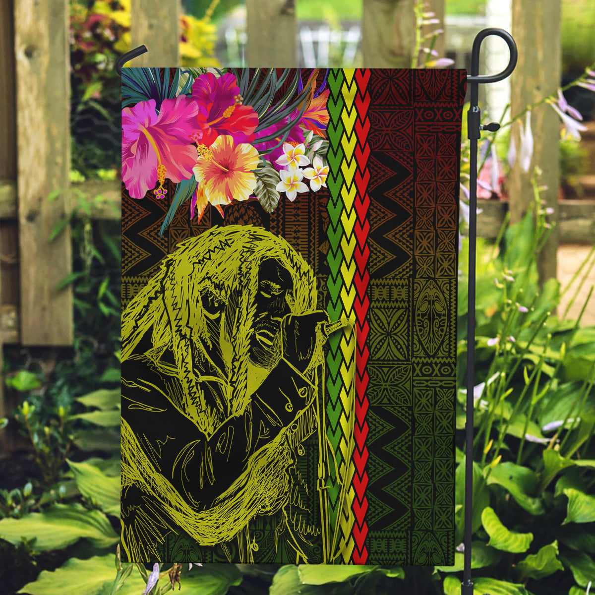 Hawaiian Reggae Music Garden Flag Jamaica Singer Tribal Polynesian and Hibiscus - Wonder Print Shop