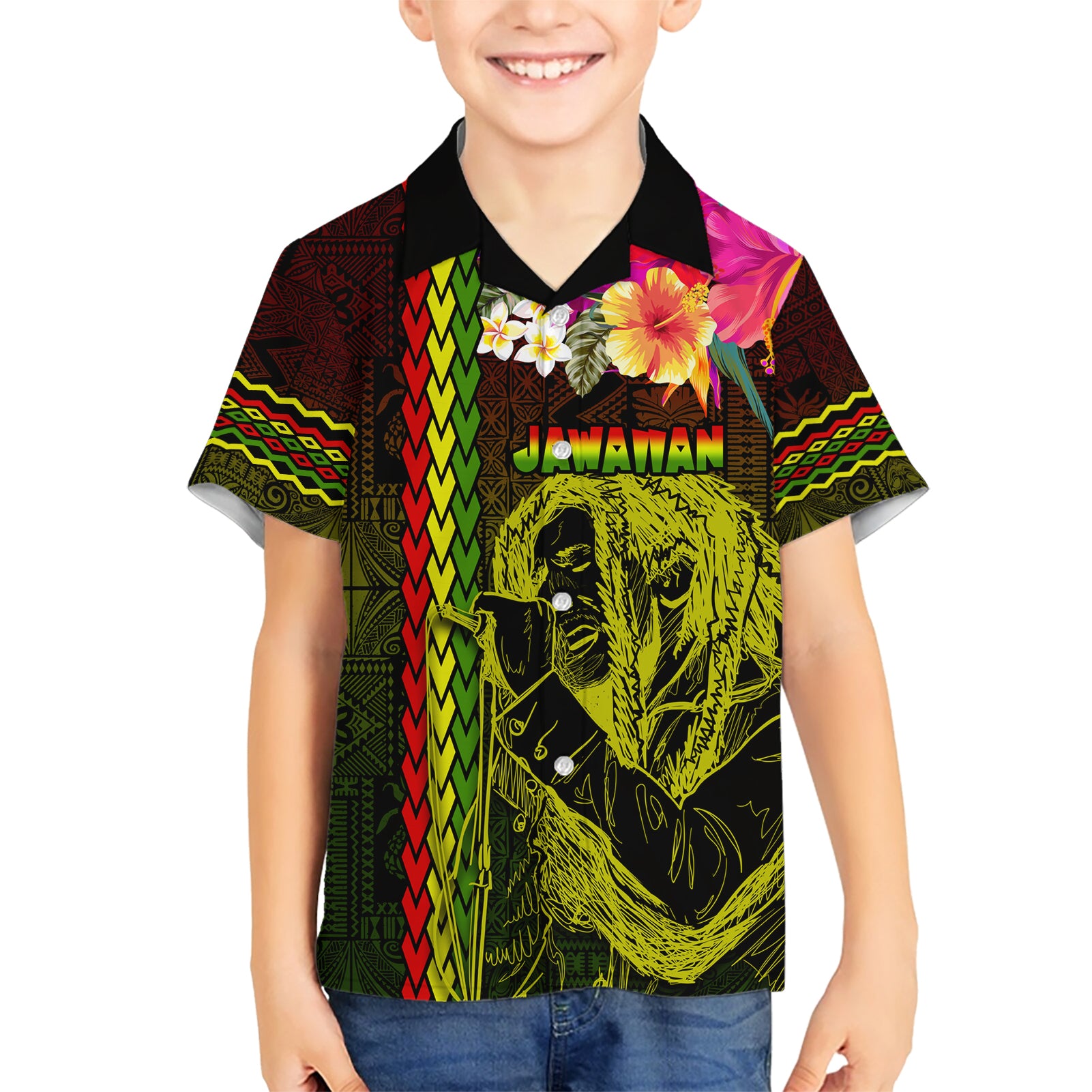 Hawaiian Reggae Music Kid Hawaiian Shirt Jamaica Singer Tribal Polynesian and Hibiscus - Wonder Print Shop