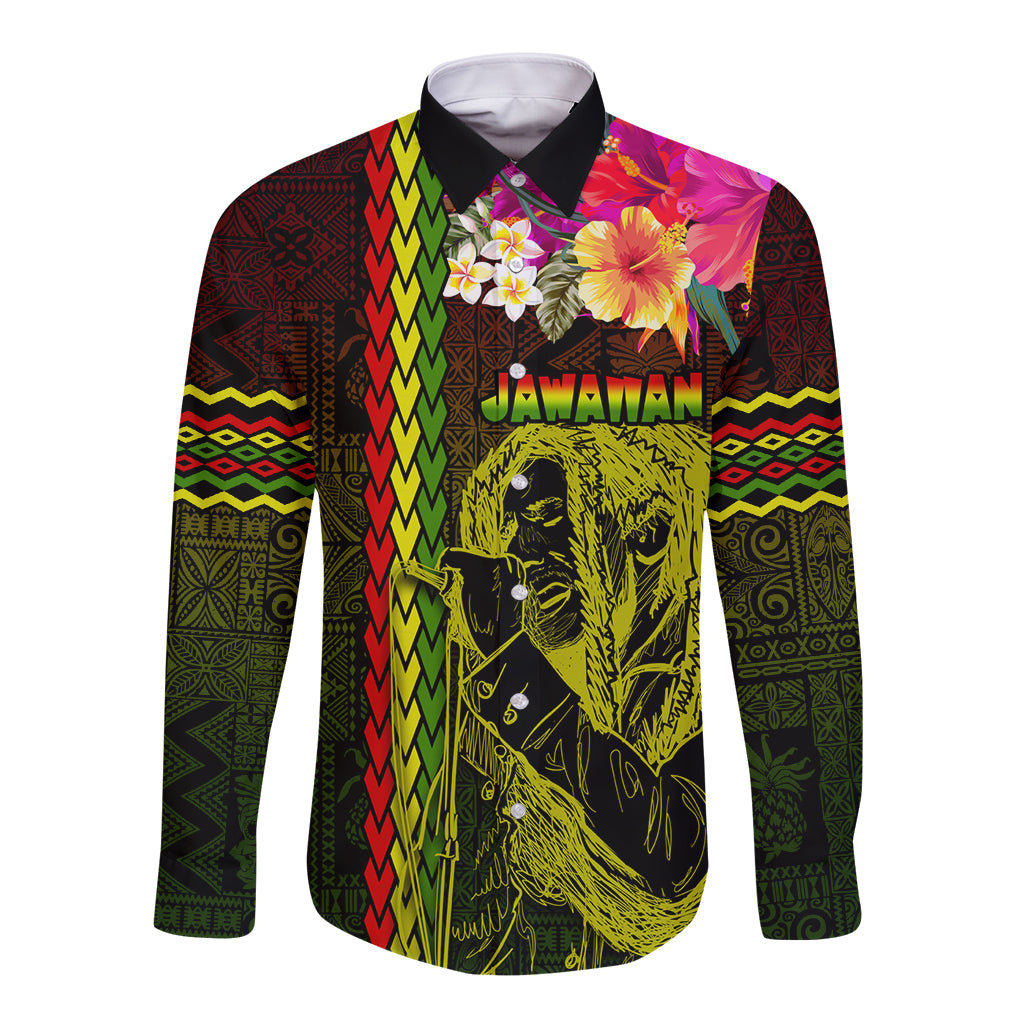 Long sleeve button-up shirt with black base, colorful tribal zigzag print and portrait artwork