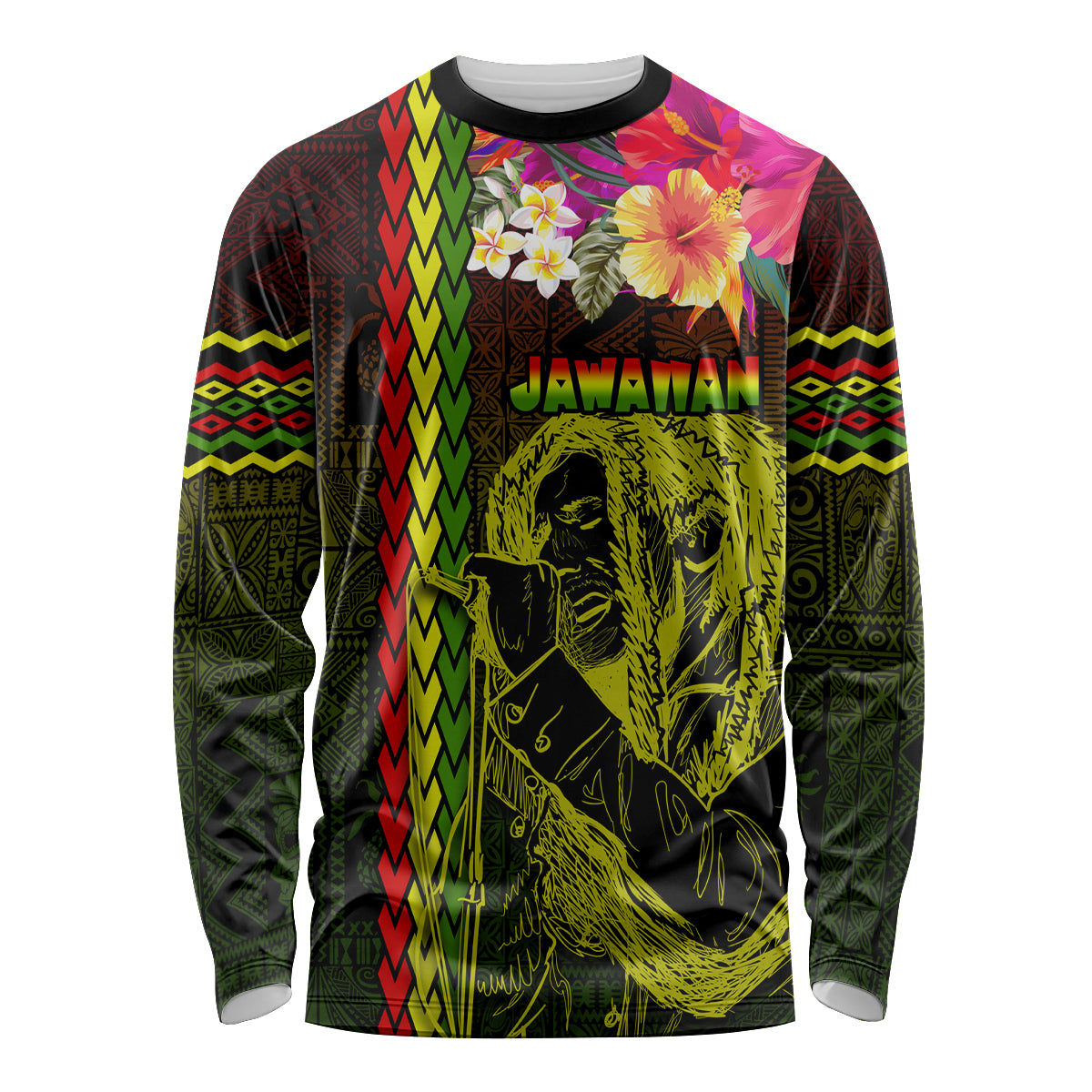 Hawaiian Reggae Music Long Sleeve Shirt Jamaica Singer Tribal Polynesian and Hibiscus - Wonder Print Shop