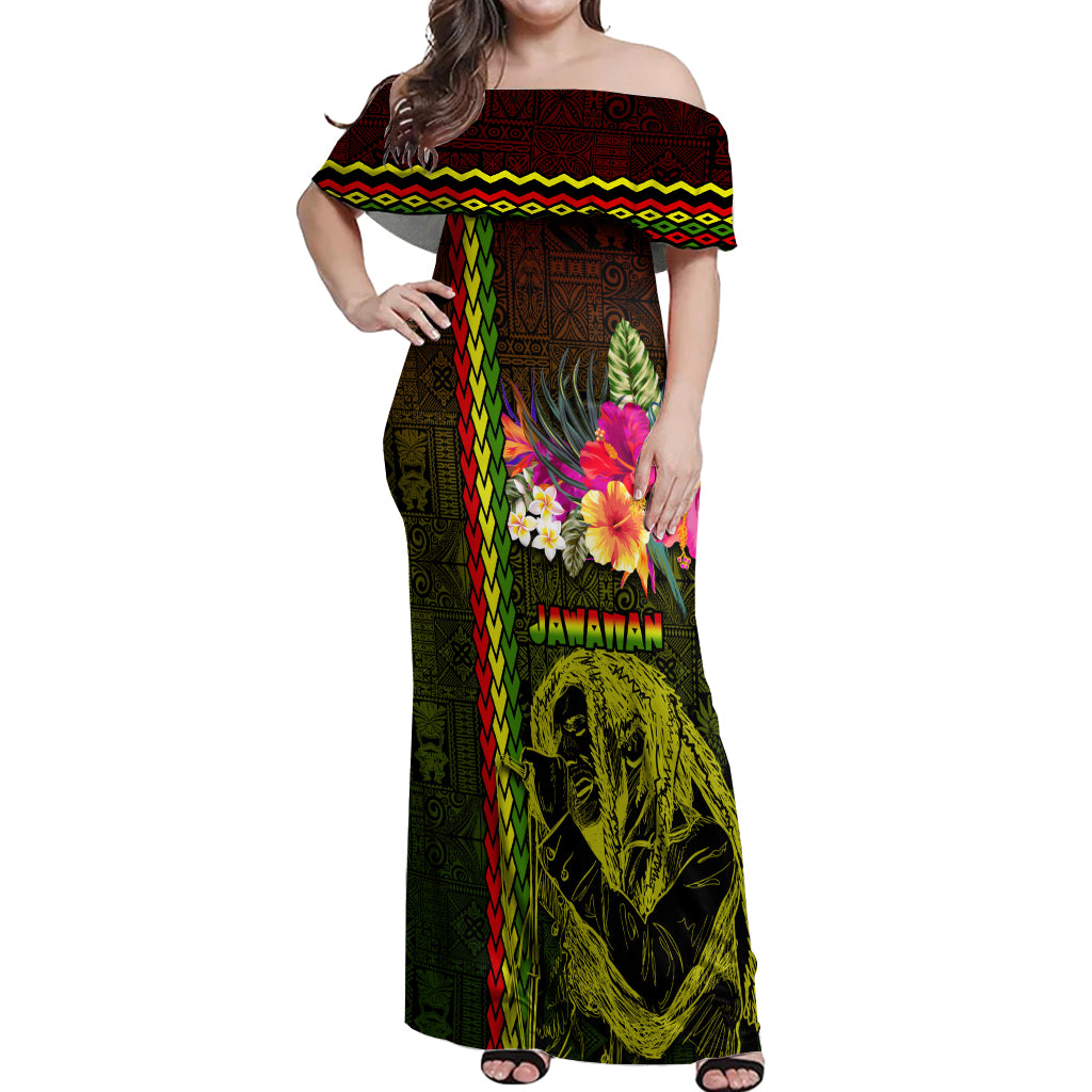 Hawaiian Reggae Music Off Shoulder Maxi Dress Jamaica Singer Tribal Polynesian and Hibiscus - Wonder Print Shop