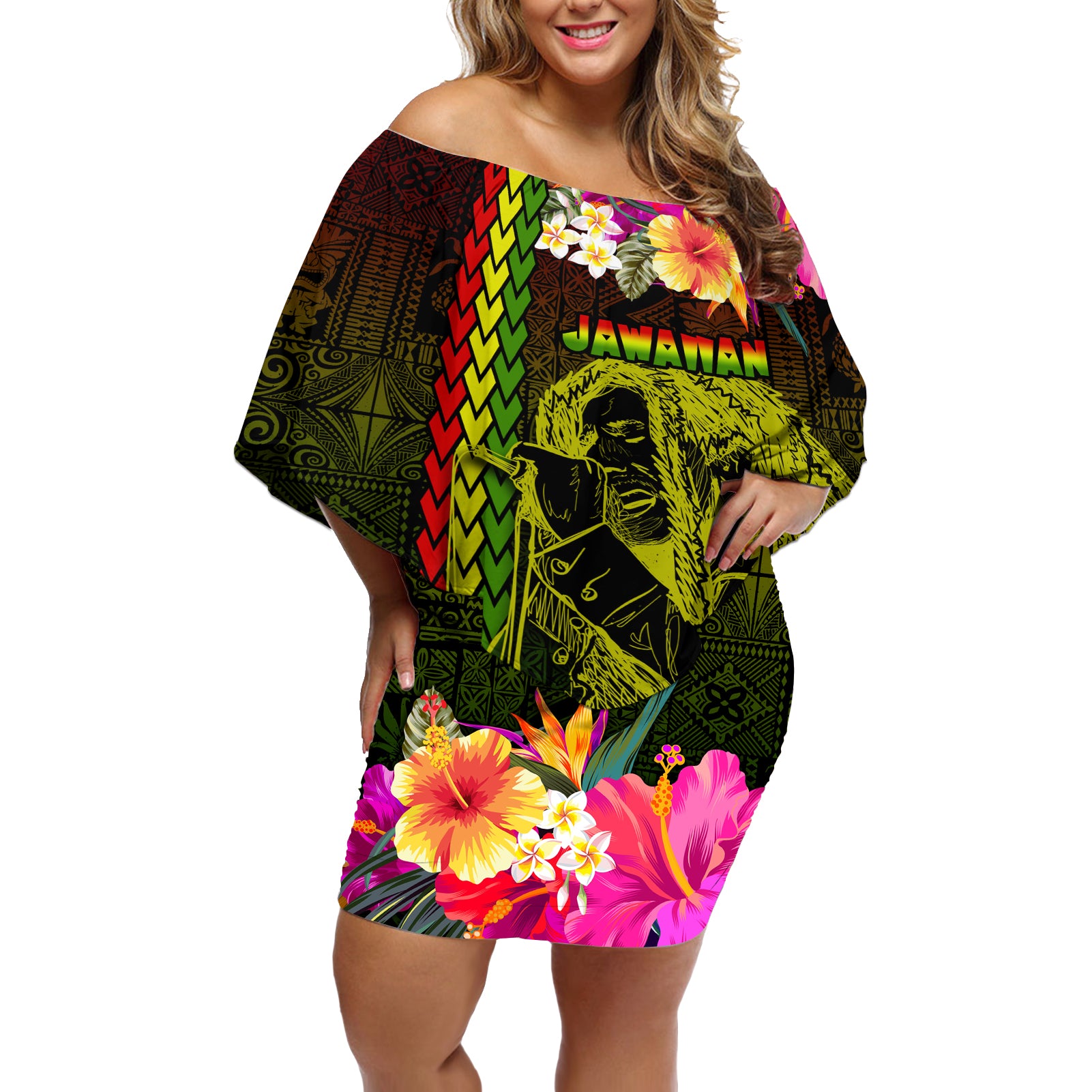 Hawaiian Reggae Music Off Shoulder Short Dress Jamaica Singer Tribal Polynesian and Hibiscus - Wonder Print Shop