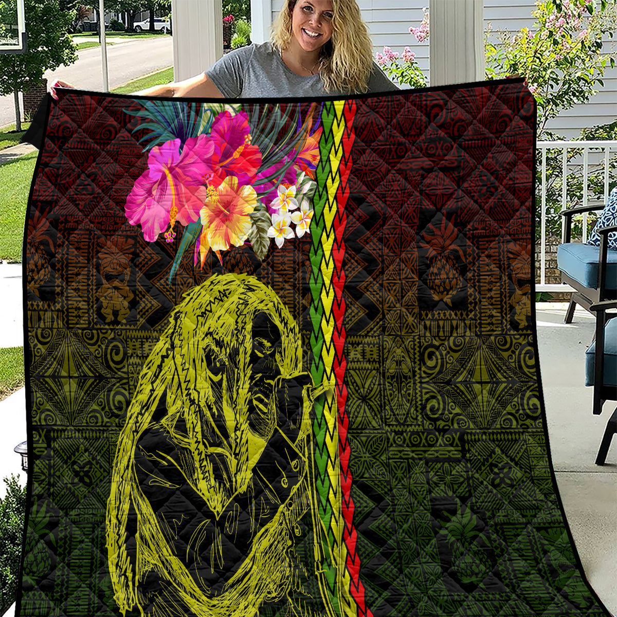 Hawaiian Reggae Music Quilt Jamaica Singer Tribal Polynesian and Hibiscus