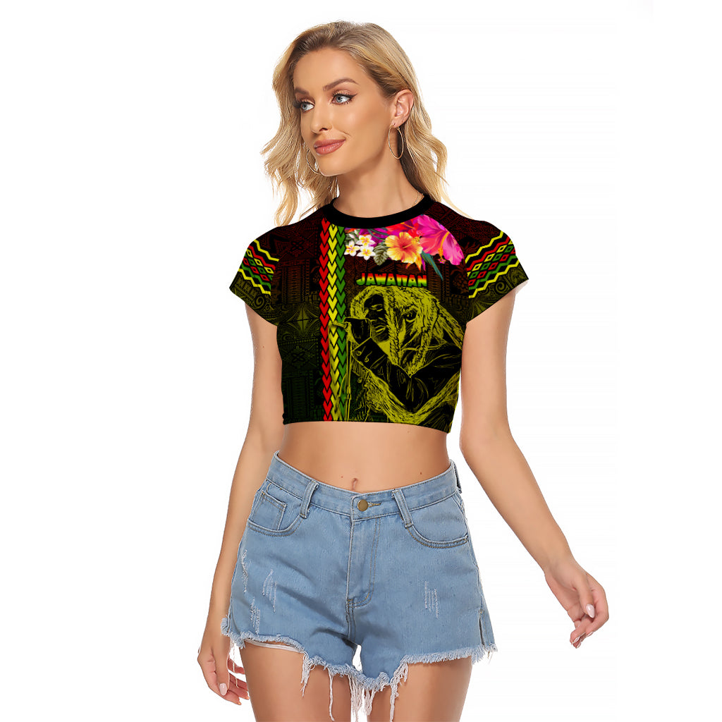 Hawaiian Reggae Music Raglan Cropped T Shirt Jamaica Singer Tribal Polynesian and Hibiscus