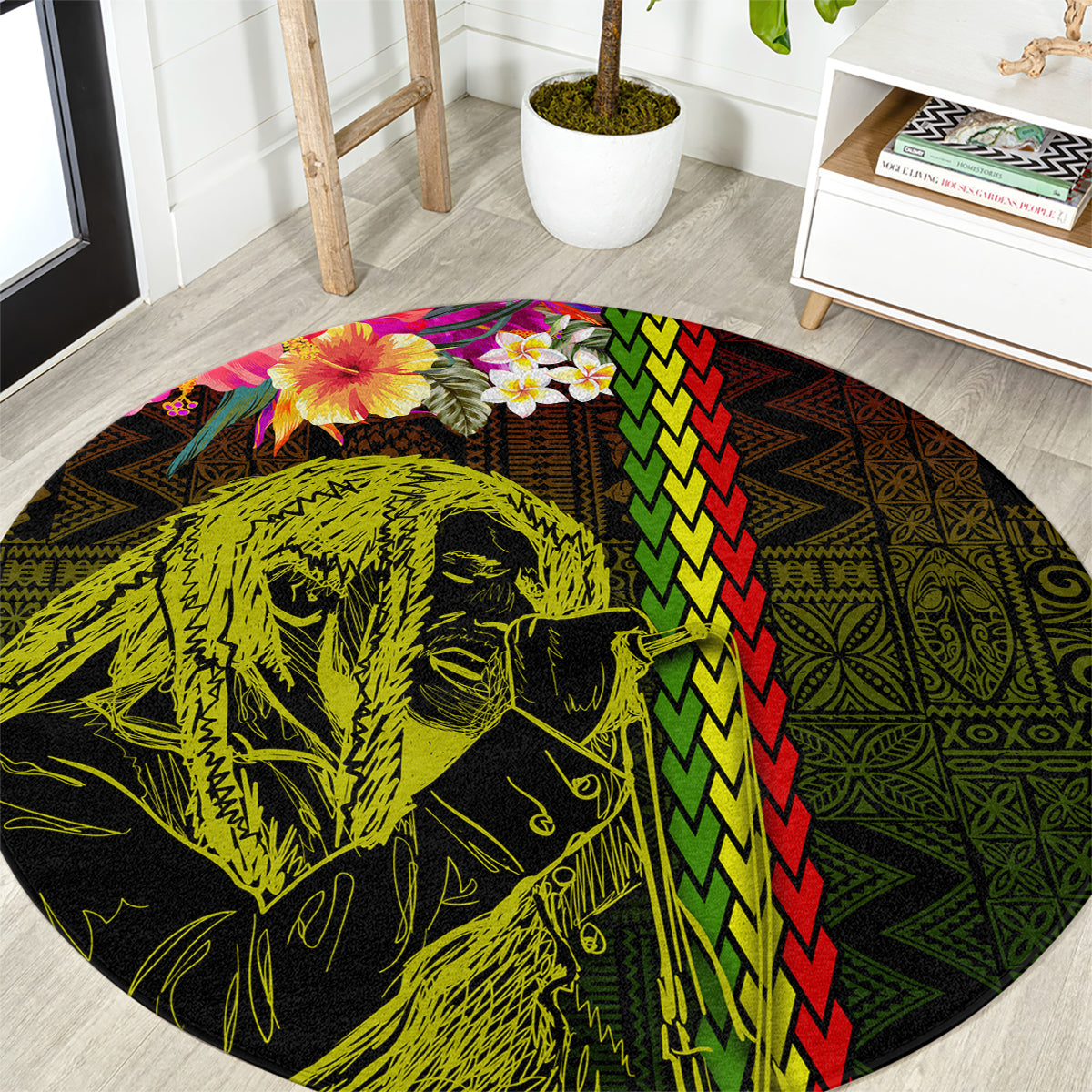 Round black area rug with neon yellow-green dancer and colorful tribal patterns