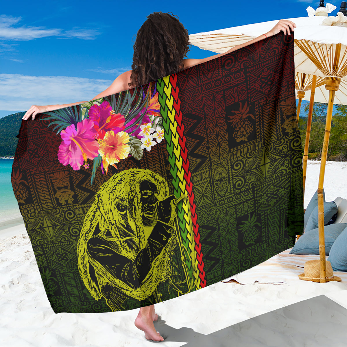 Hawaiian Reggae Music Sarong Jamaica Singer Tribal Polynesian and Hibiscus