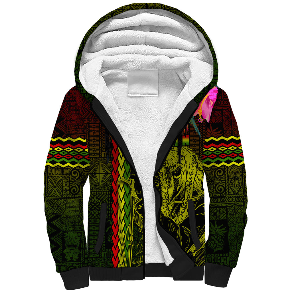 Hawaiian Reggae Music Sherpa Hoodie Jamaica Singer Tribal Polynesian and Hibiscus