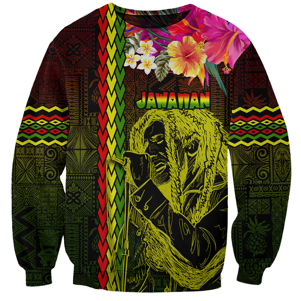 Black crewneck sweatshirt with singer portrait, tropical flowers, and tribal patterns