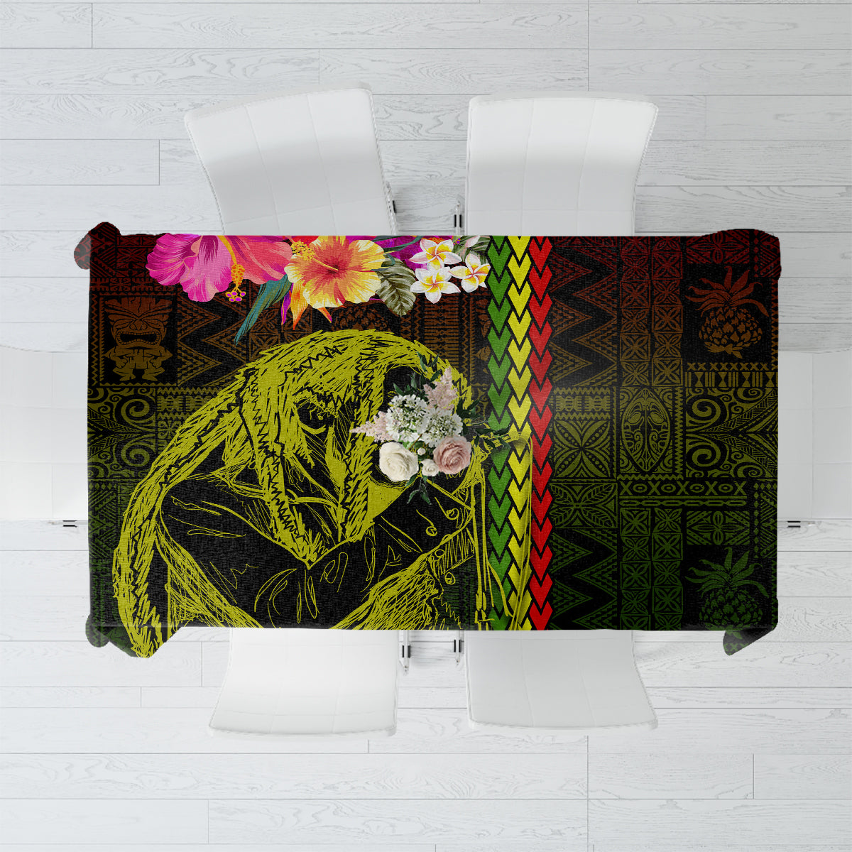 Black tablecloth with green, yellow, red tribal pattern and large portrait graphic