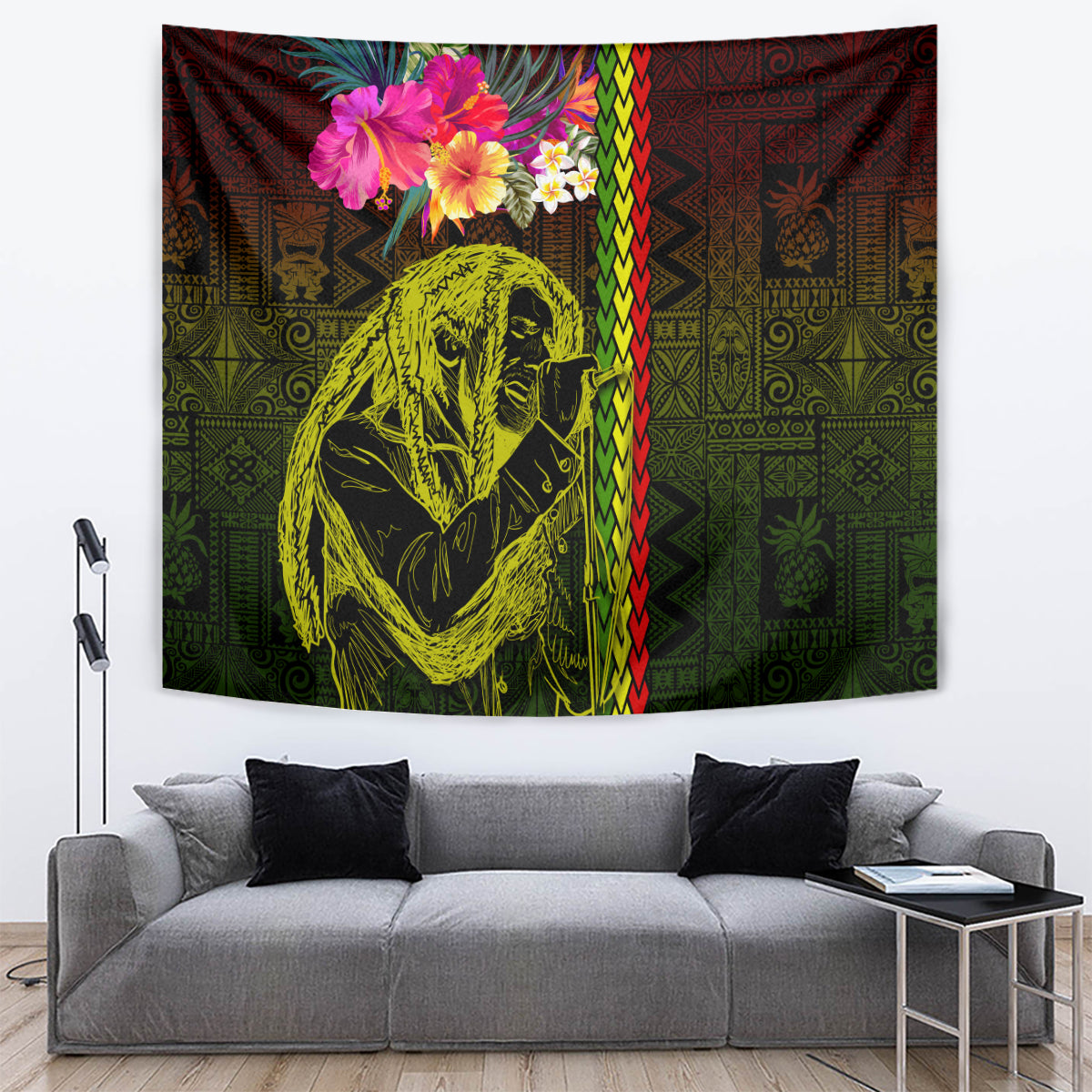 Hawaiian reggae music tapestry with neon green singer portrait, hibiscus flowers, tribal patterns