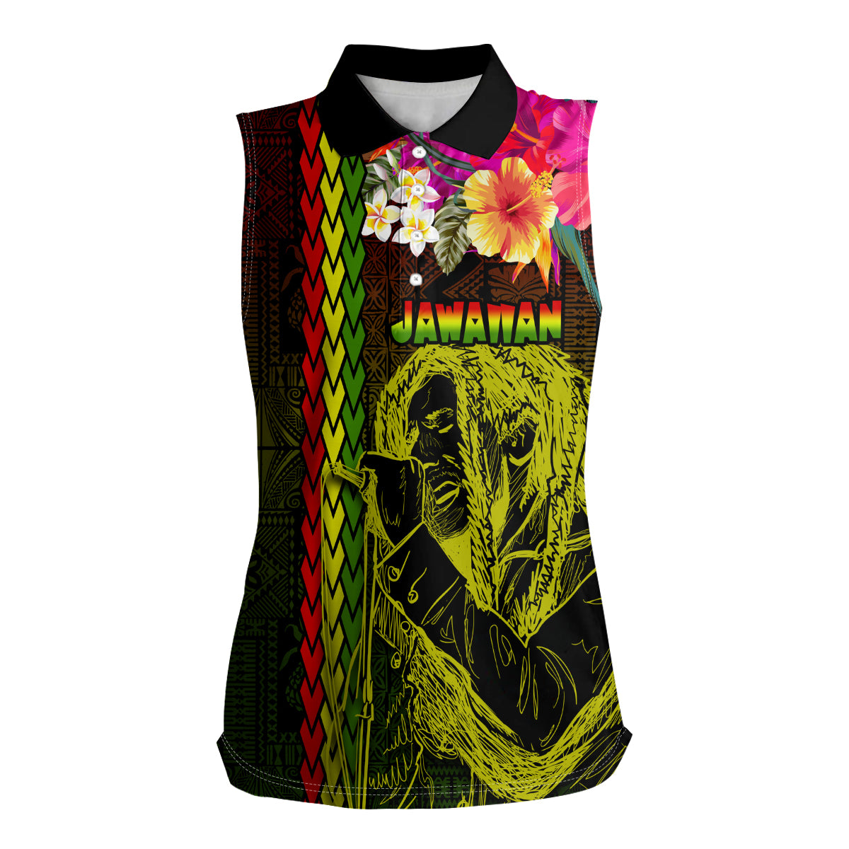 Hawaiian Reggae Music Women Sleeveless Polo Shirt Jamaica Singer Tribal Polynesian and Hibiscus