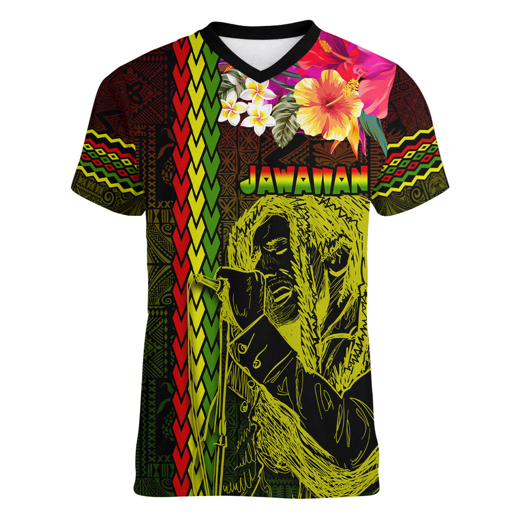 Hawaiian Reggae Music Women V-Neck T-Shirt Jamaica Singer Tribal Polynesian and Hibiscus