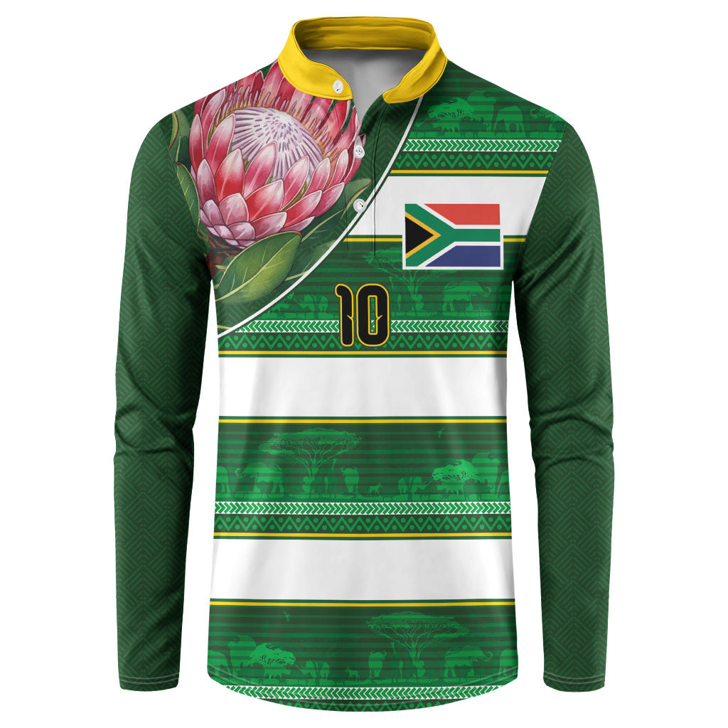 Custom South Africa Football Button Sweatshirt King Protea with African Heritage Stripes Style