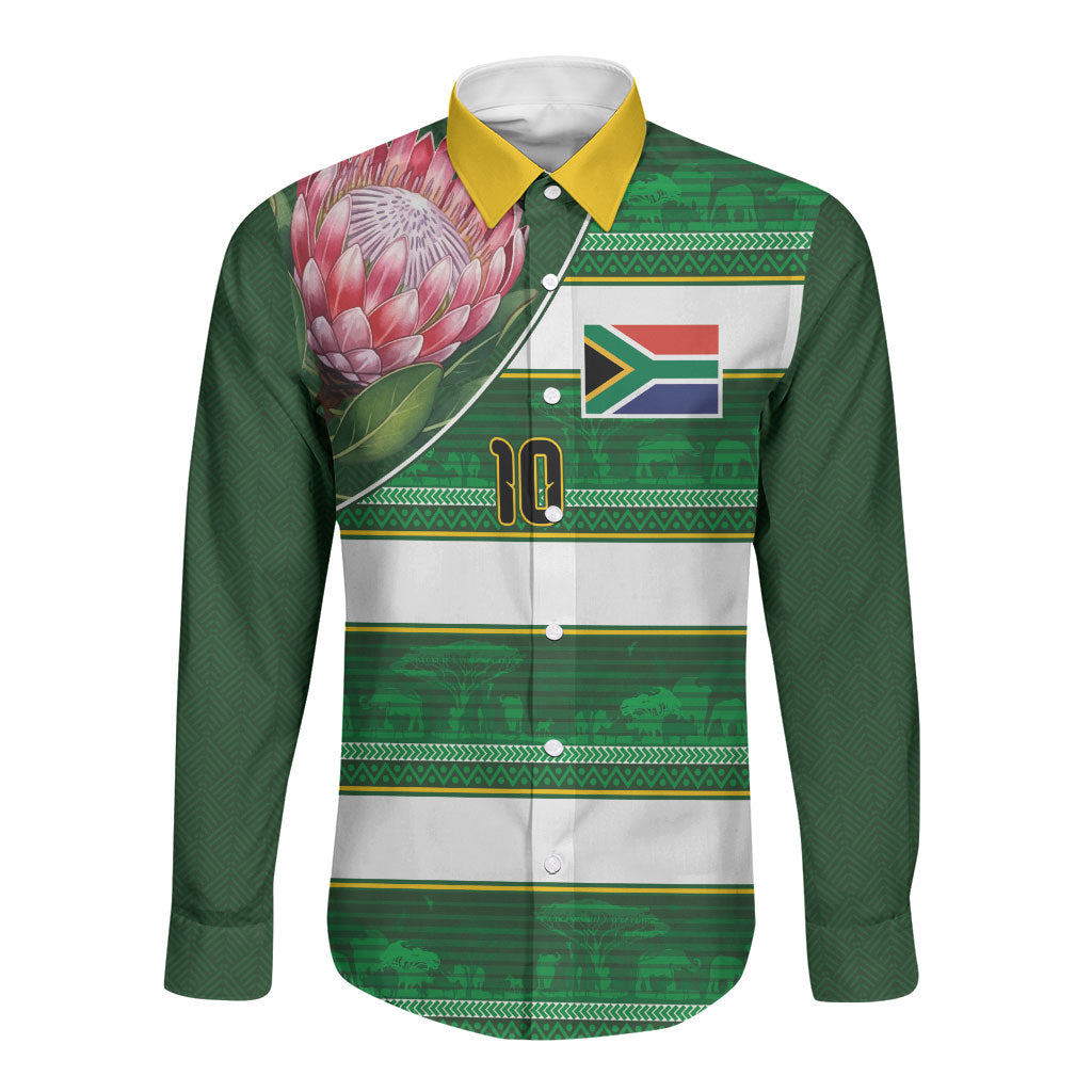 Custom South Africa Football Long Sleeve Button Shirt King Protea with African Heritage Stripes Style